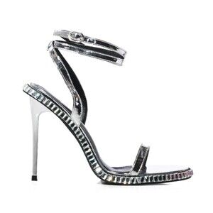 AZALEA WANG Sz 10 Brik Embellished Stiletto Sandal Silver Black Heel
